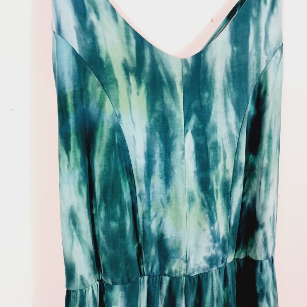 Zen Knits, Calf/Ankle Length Teal Tie Dye Jumpsuit, Size Large, Adj. Straps Boho - Picture 5 of 16